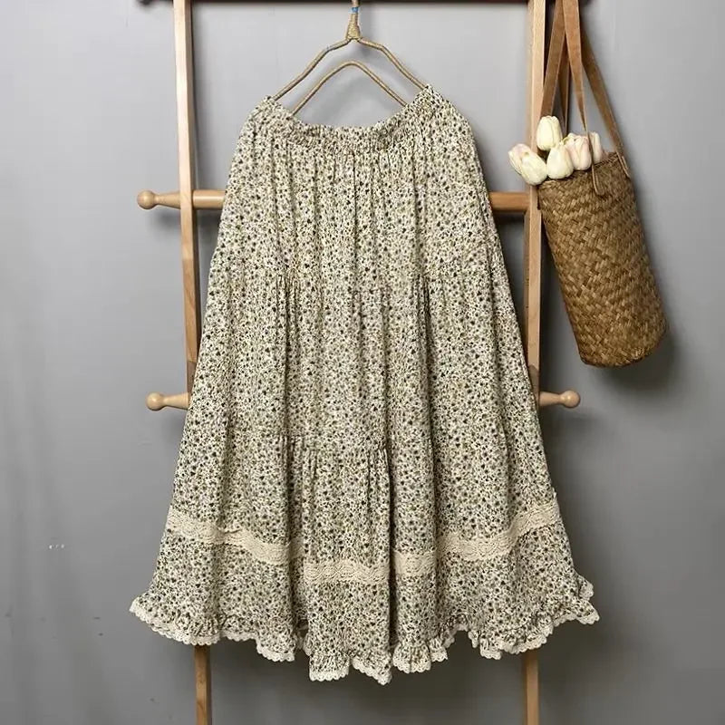 Japanse Stijl Artistieke Lange Katoenen Kant Rok | Lente & Zomer - Railey