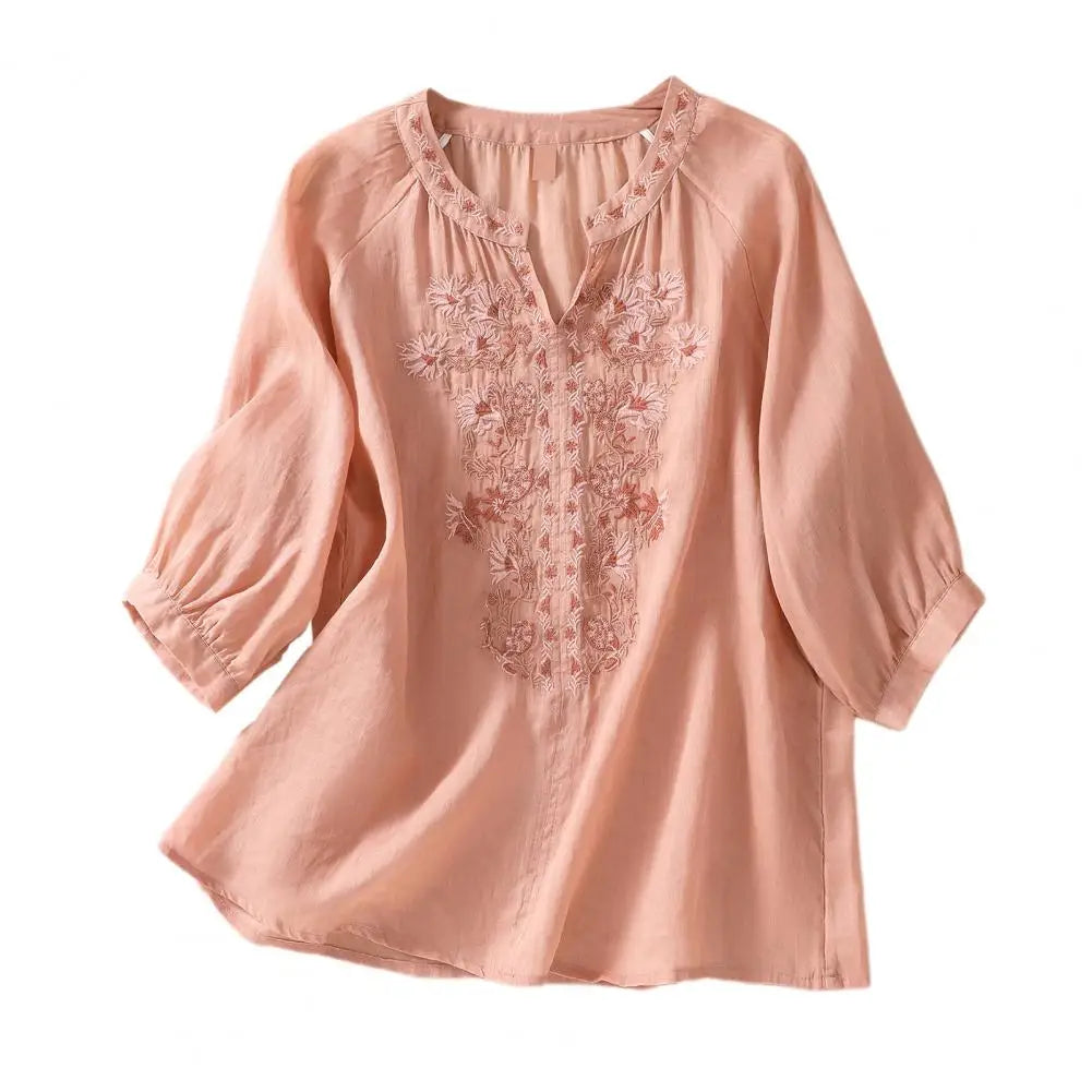 Dames V-hals Katoen-Linnen Blouse met Bloemenborduurse - Melcy