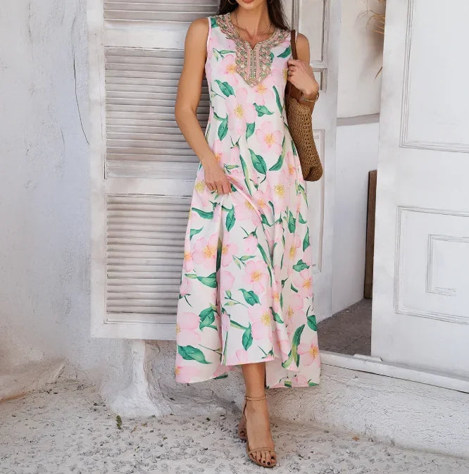 Ronde Hals Maxi Jurk met Print | Vrolijke Boho-Stijl Maxi Jurk voor de Zomer - Clemty