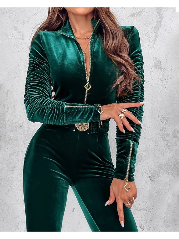 Dames Fluwelen Jumpsuit met Ruches en Rits | Elegante Lange Mouw Outfit voor Feestelijke en Avondkleding - Aidyth