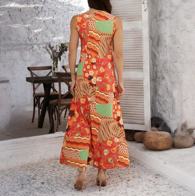 Ronde Hals Maxi Jurk met Print | Vrolijke Boho-Stijl Maxi Jurk voor de Zomer - Clemty