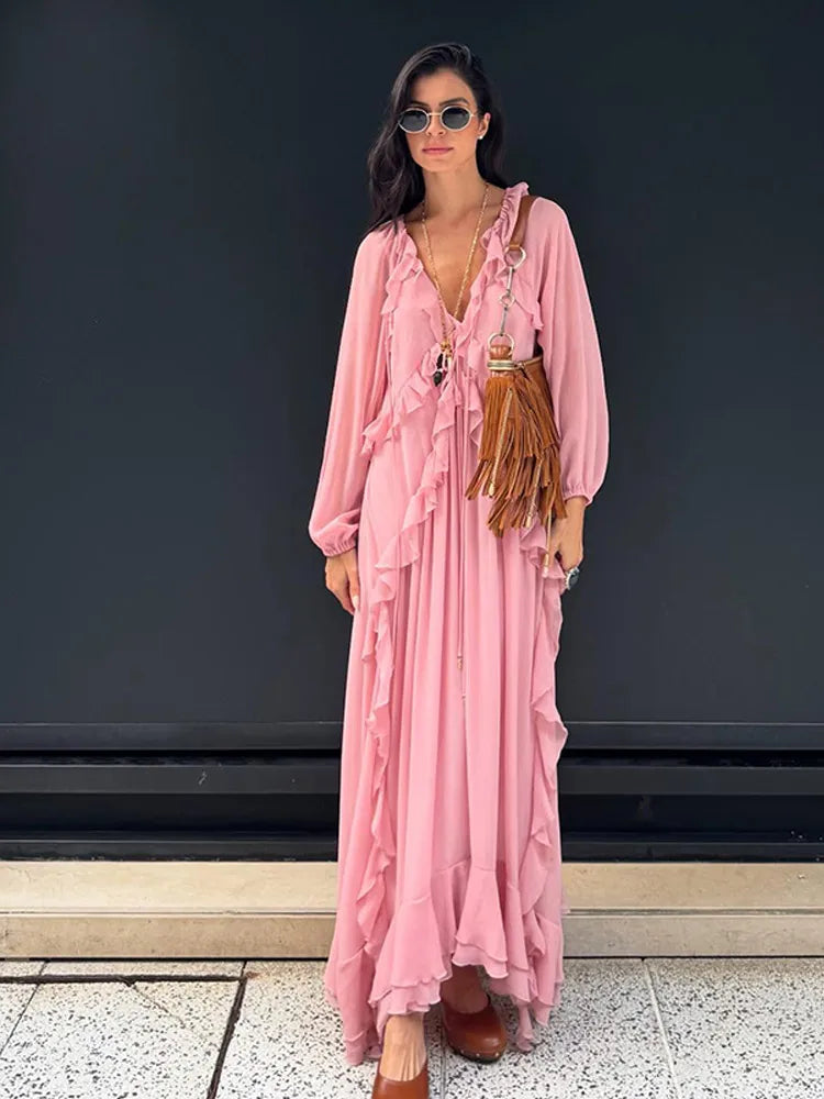 Geplooide Maxi Jurk voor Dames | Lange Mouwen, V-hals & Lichtgewicht Stof voor Lente/Zomer - Dory