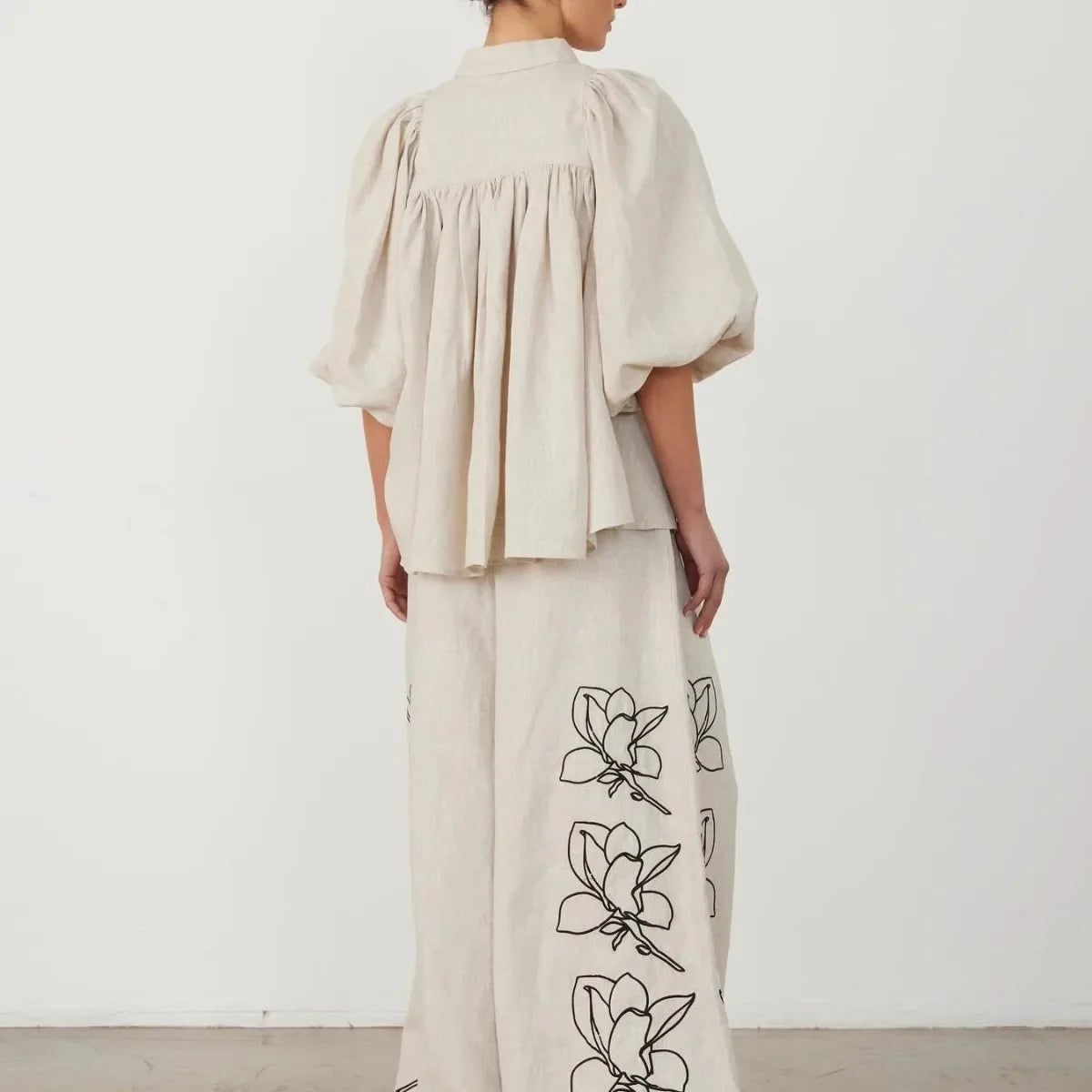 2-Delige Set van Katoen-Linnen | Bedrukte Blouse & Wijde Broek - Rennette