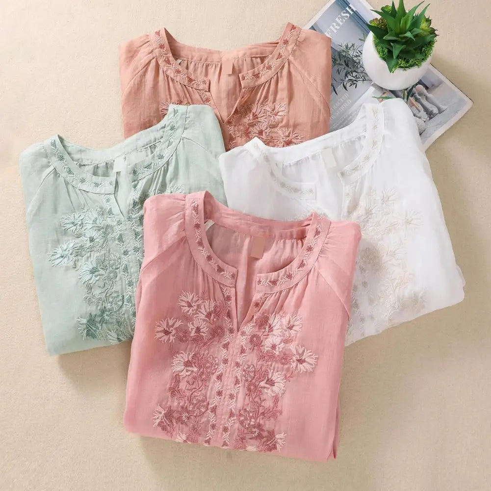 Dames V-hals Katoen-Linnen Blouse met Bloemenborduurse - Melcy