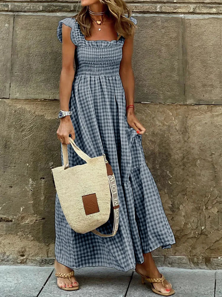 Geruite Rokken Maxi Jurk | Retro Stijl Zomerjurk voor Dames - Agsunta