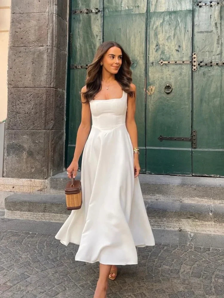 Elegante Dames Zomerjurk met Hoge Taille | Mouwloze A-Lijn Jurk met Vierkante Halslijn - Fan