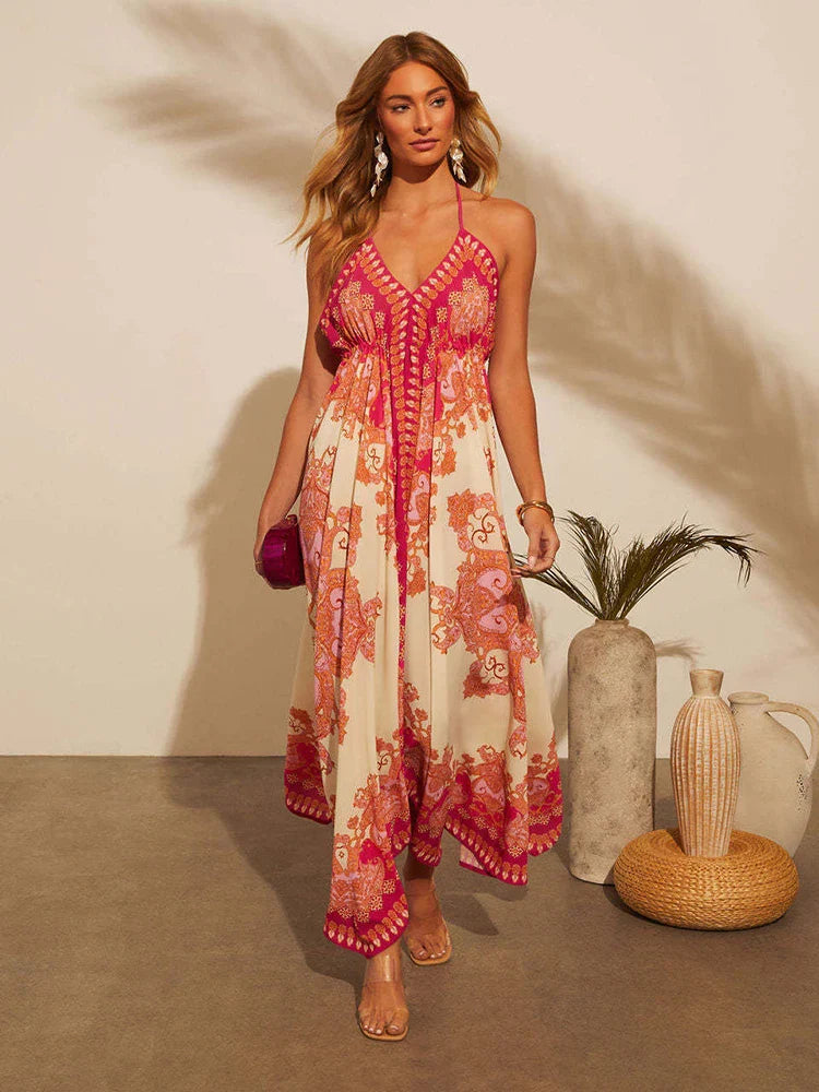 Boheems Halster Maxi Jurk | Luchtige Zomerjurk voor Strand & Vakantie - Marydel