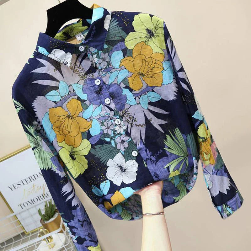 Bloemen Katoen-Linnen Blouse met Knoopsluiting | Licht & Ademend Damesoverhemd - Merryn
