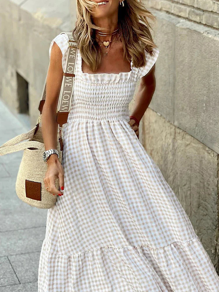 Geruite Rokken Maxi Jurk | Retro Stijl Zomerjurk voor Dames - Agsunta