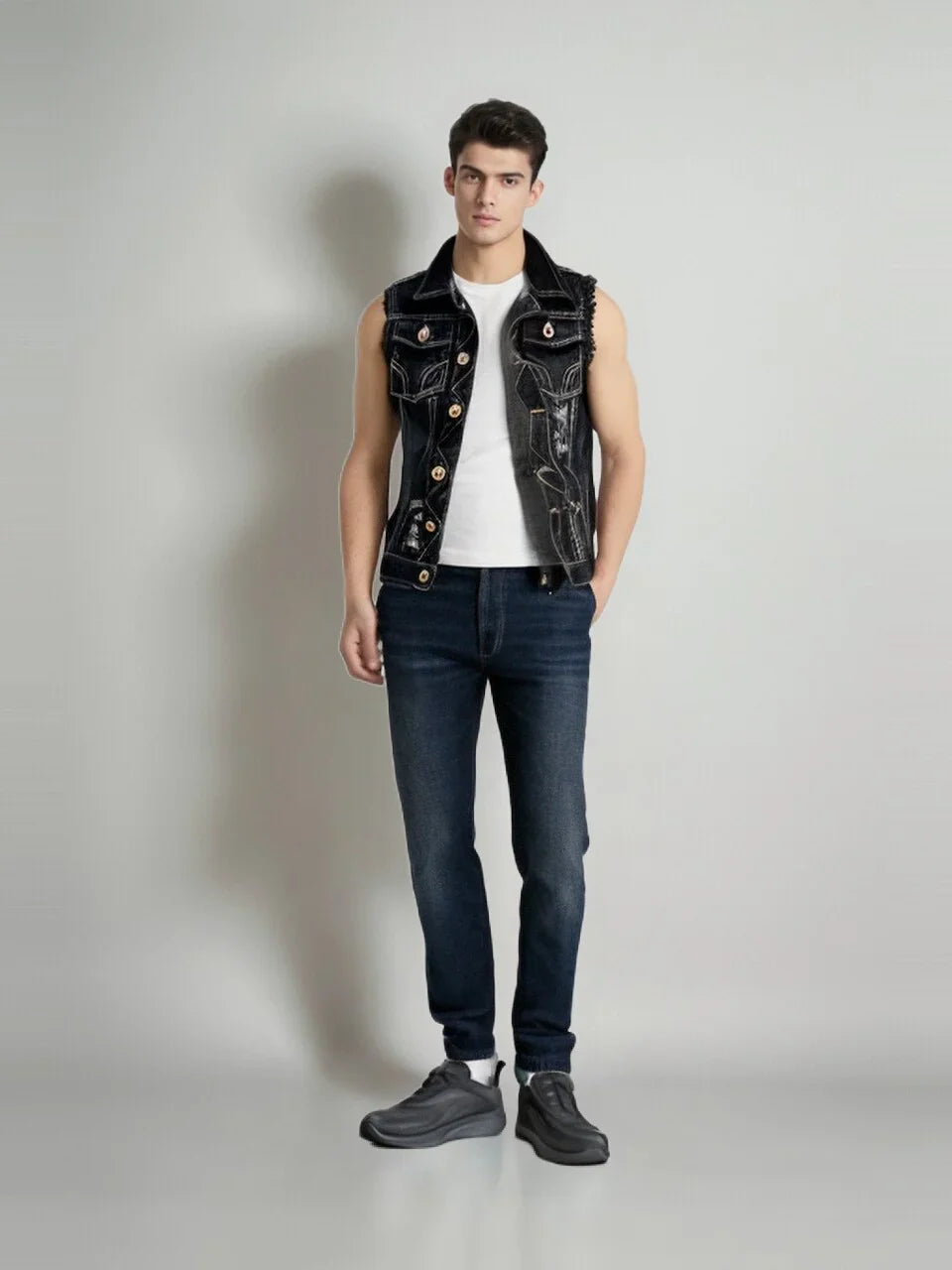 Heren Vintage Zwart Denim Vest | Klassieke Wassing met Gescheurde Details - Romwyl