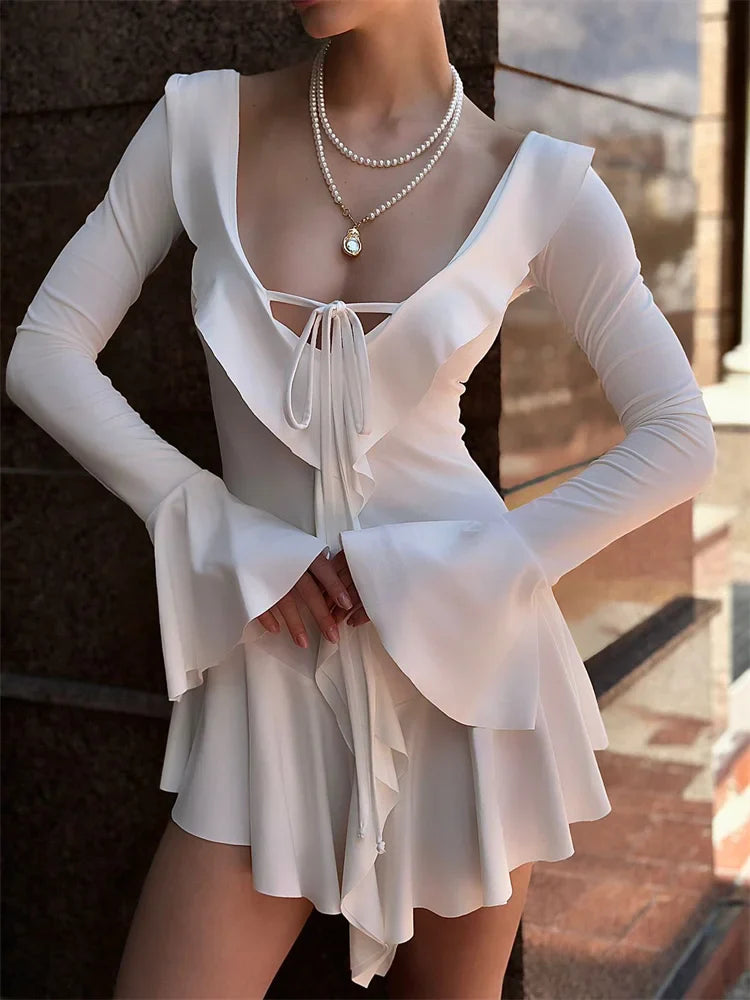 Elegante V-Hals Bandage Mini Ruffle Jurk voor Dames - Joleta