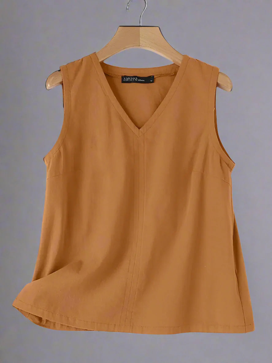 Dames Mouwloos V-hals Linnen Shirt | Lente & Zomer - Morabel