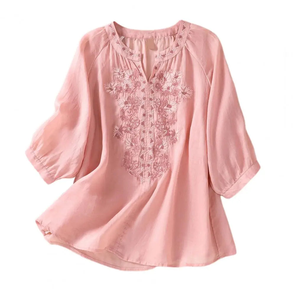 Dames V-hals Katoen-Linnen Blouse met Bloemenborduurse - Melcy