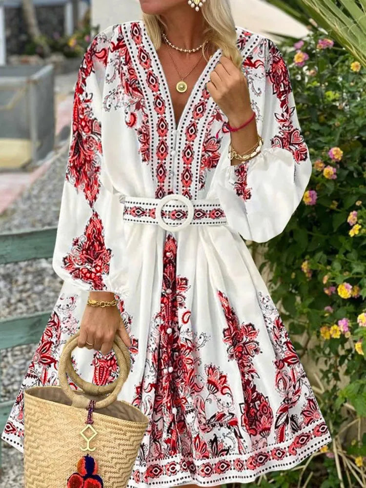 Boho Maxi Jurk voor Dames | Met Lantaarnmouwen, V-Hals en Verstelbare Tailleceintuur - Cazimier
