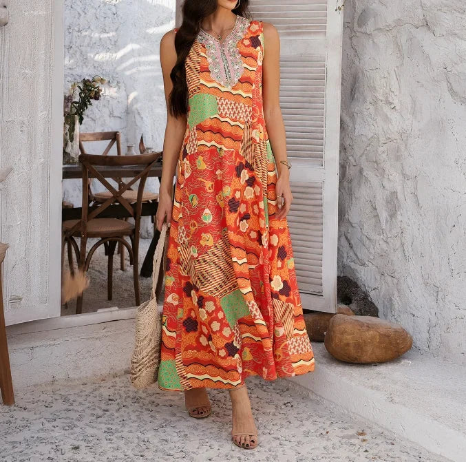 Ronde Hals Maxi Jurk met Print | Vrolijke Boho-Stijl Maxi Jurk voor de Zomer - Clemty