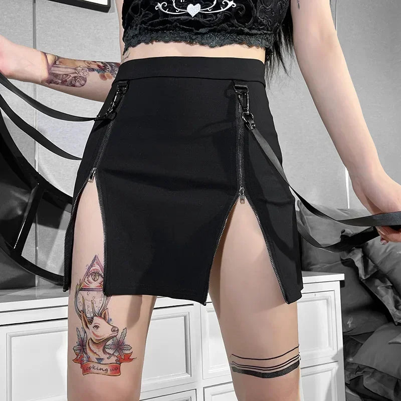 Y2K Gotische Minirok | Straatkleding Rok met Dubbele Rits - Dawne