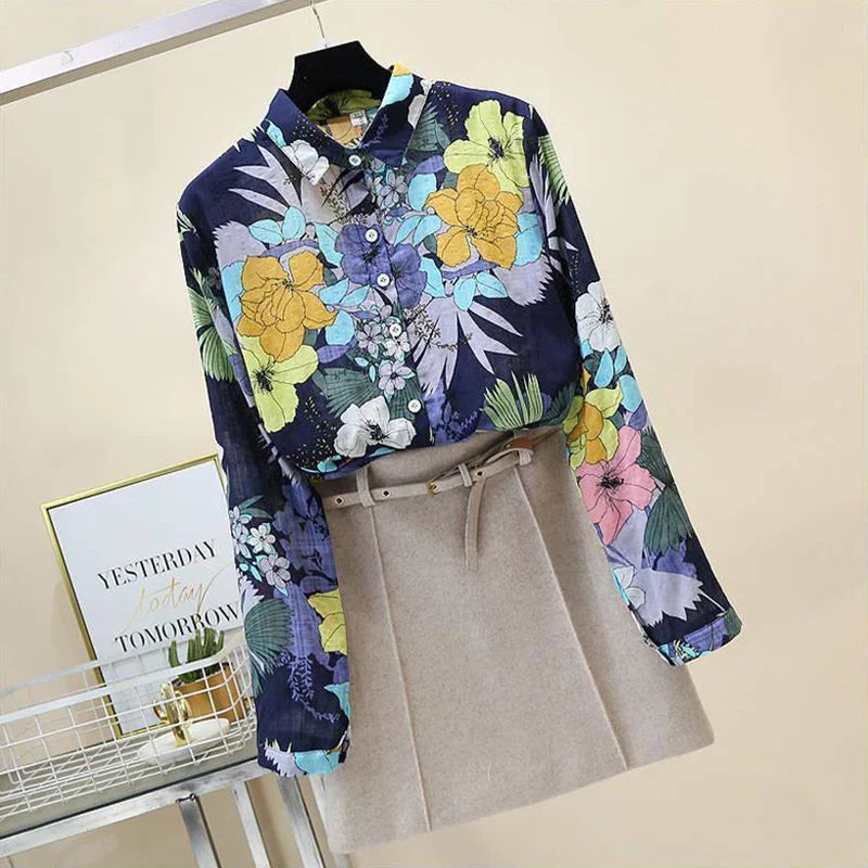 Bloemen Katoen-Linnen Blouse met Knoopsluiting | Licht & Ademend Damesoverhemd - Merryn