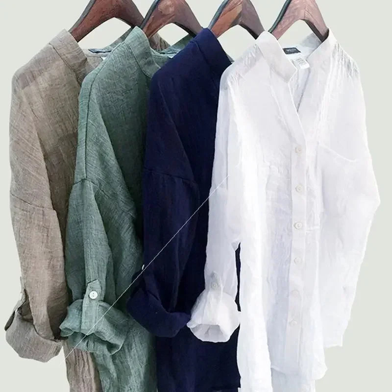Vintage Knoopsluiting Blouse van Katoen-Linnen | Elegante & Ademend - Giane