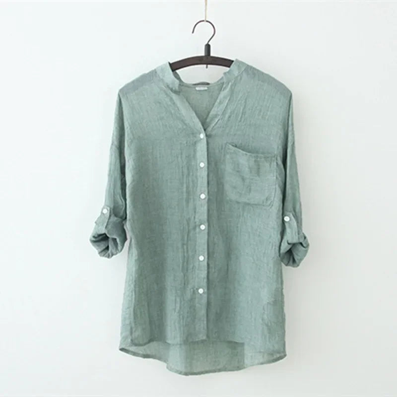 Vintage Knoopsluiting Blouse van Katoen-Linnen | Elegante & Ademend - Giane