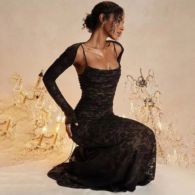 Lange Kant Maxi Party Jurk Set met Lace-Up Top - Sarena