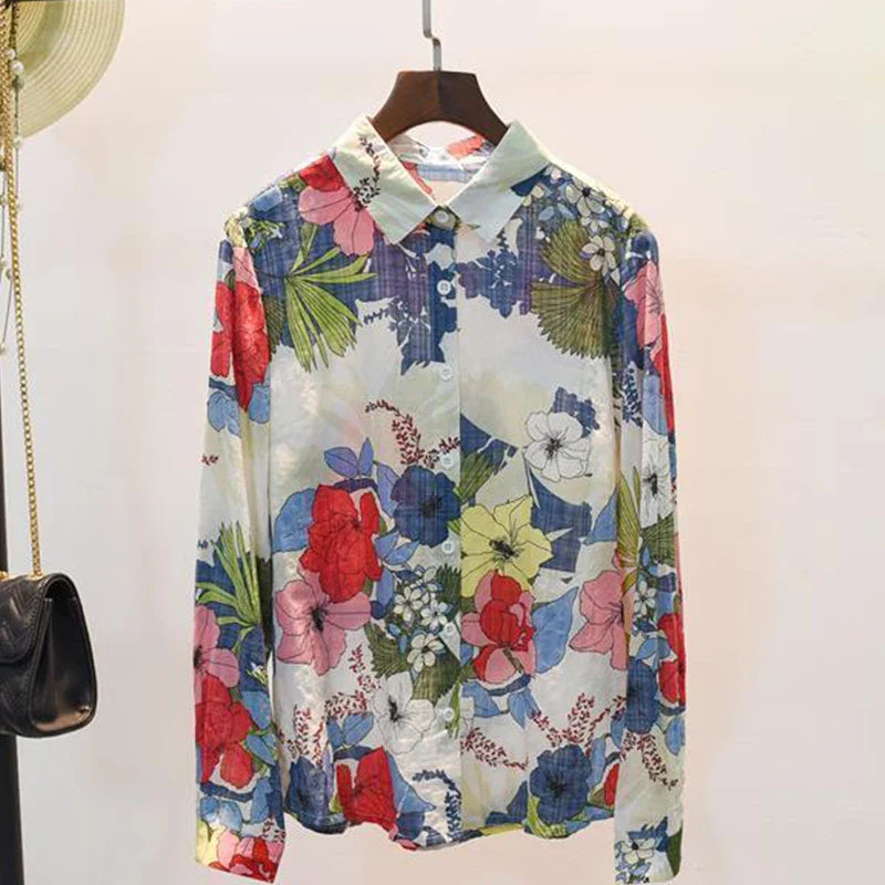 Bloemen Katoen-Linnen Blouse met Knoopsluiting | Licht & Ademend Damesoverhemd - Merryn