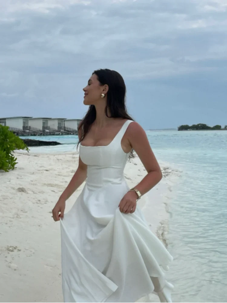Elegante Dames Zomerjurk met Hoge Taille | Mouwloze A-Lijn Jurk met Vierkante Halslijn - Fan