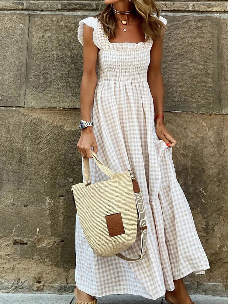 Geruite Rokken Maxi Jurk | Retro Stijl Zomerjurk voor Dames - Agsunta