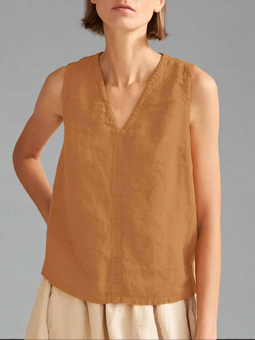 Dames Mouwloos V-hals Linnen Shirt | Lente & Zomer - Morabel