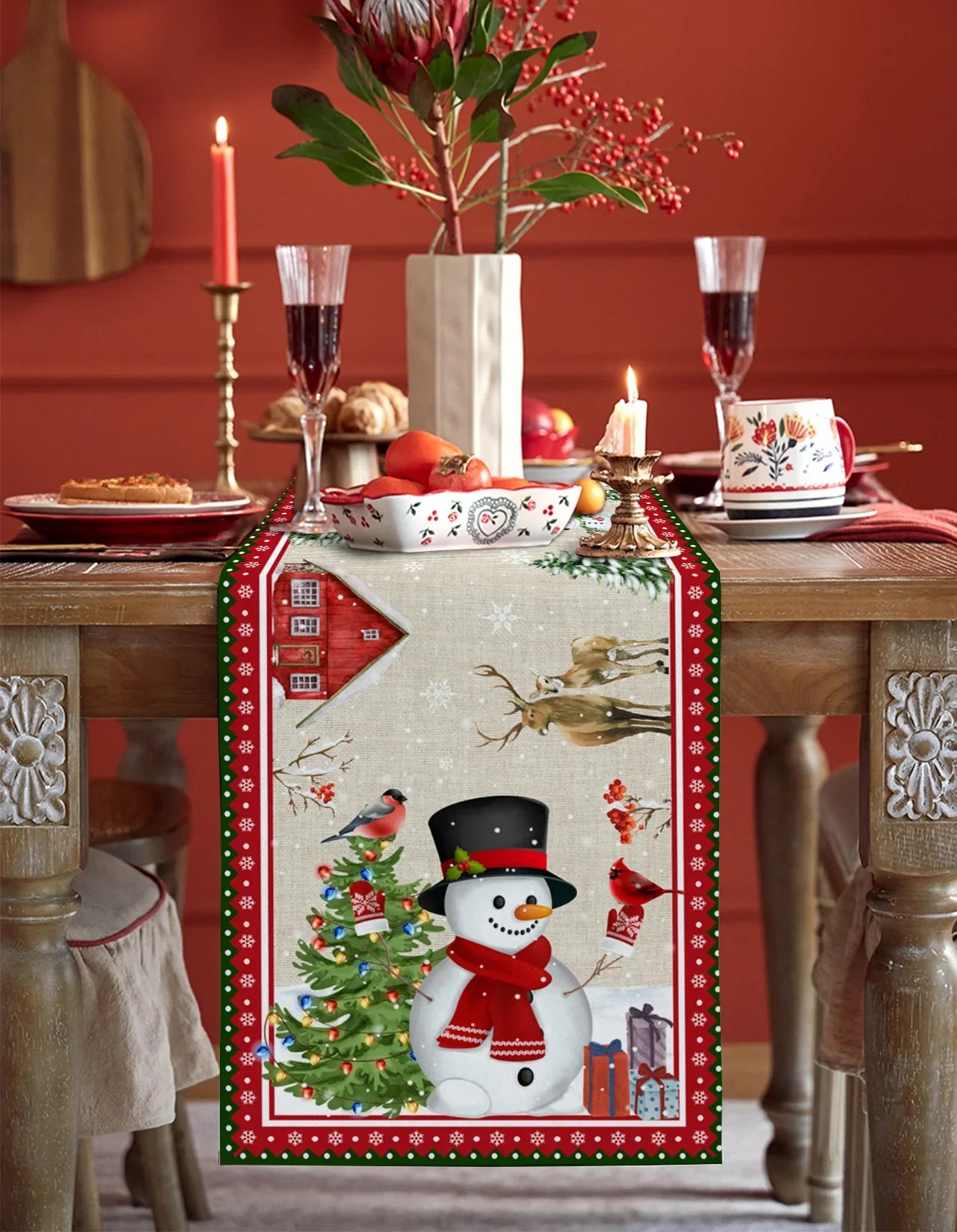 Sneeuwpop en sneeuwvlok tafelloper kerstdecor | Aanpasbaar en feestelijk - Tablener