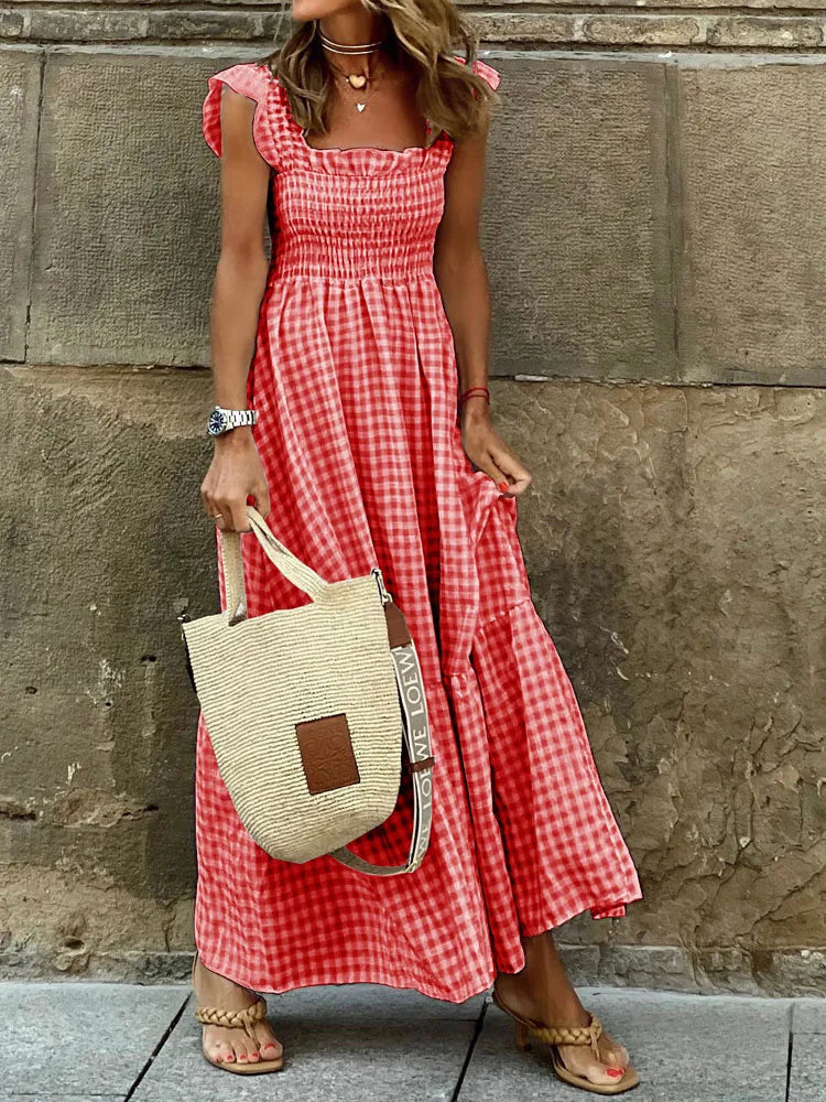 Geruite Rokken Maxi Jurk | Retro Stijl Zomerjurk voor Dames - Agsunta