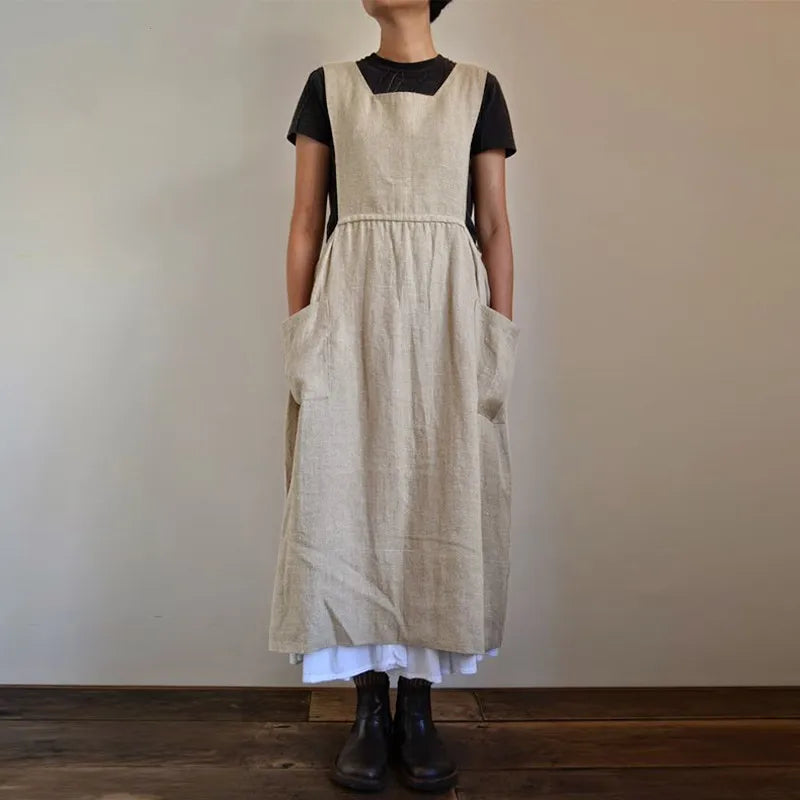 Katoen-Linnen Midi Jurk | Overmaats Schortstijl voor Comfort - Evettia