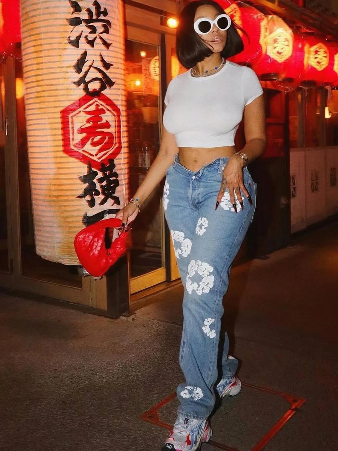Dames High-Waisted Daisy Print Denim Broek | Vrouwelijke Rechte Stretch Jeans voor Casual Lente Outfits - Jeahana