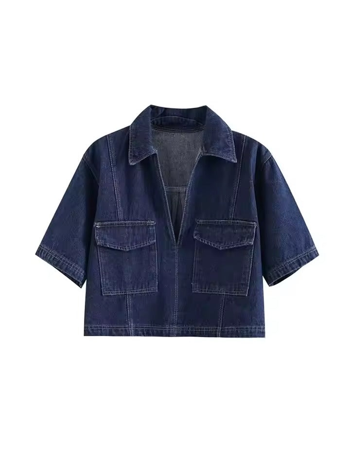 2-delige Asymmetrische Denim Zakrokset | Gestructureerd Korte Top & Mini Rok Set voor Moderne Straatkleding Looks - Marguery