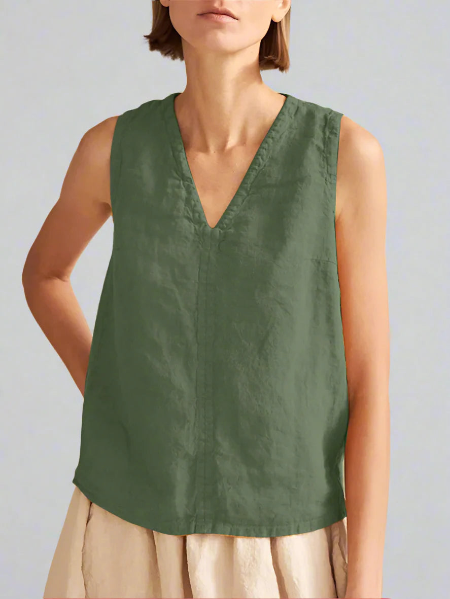 Dames Mouwloos V-hals Linnen Shirt | Lente & Zomer - Morabel