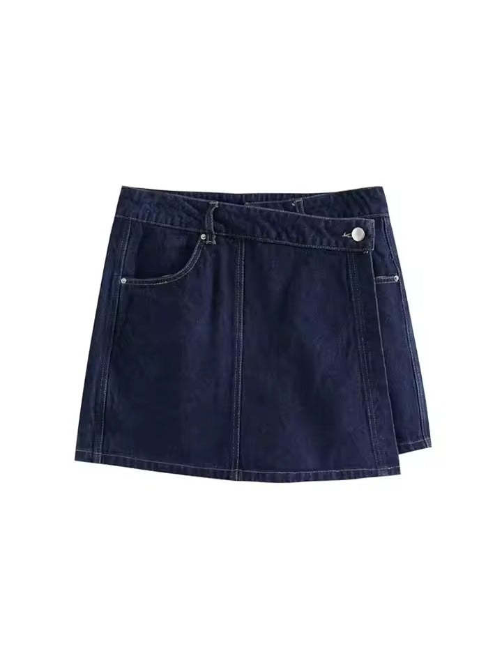 2-delige Asymmetrische Denim Zakrokset | Gestructureerd Korte Top & Mini Rok Set voor Moderne Straatkleding Looks - Marguery