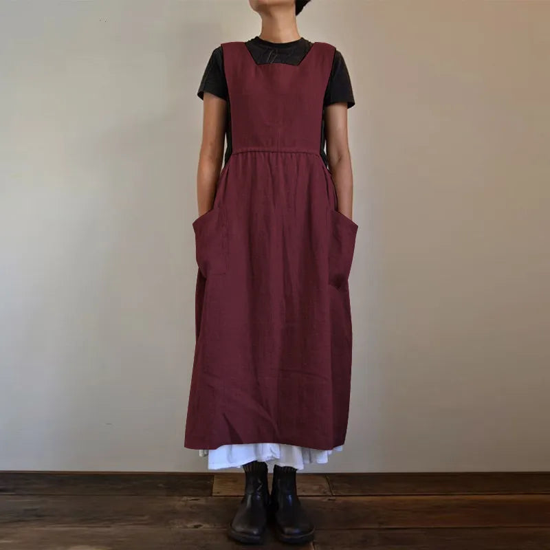 Katoen-Linnen Midi Jurk | Overmaats Schortstijl voor Comfort - Evettia