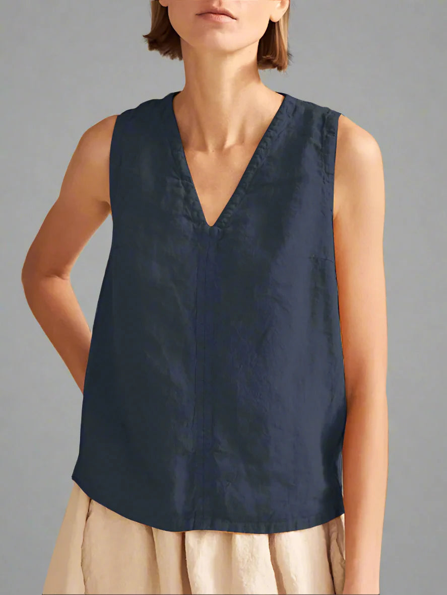Dames Mouwloos V-hals Linnen Shirt | Lente & Zomer - Morabel