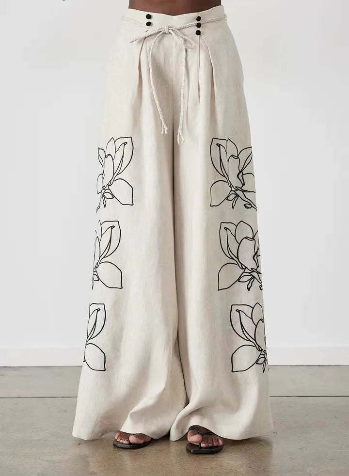 2-Delige Set van Katoen-Linnen | Bedrukte Blouse & Wijde Broek - Rennette