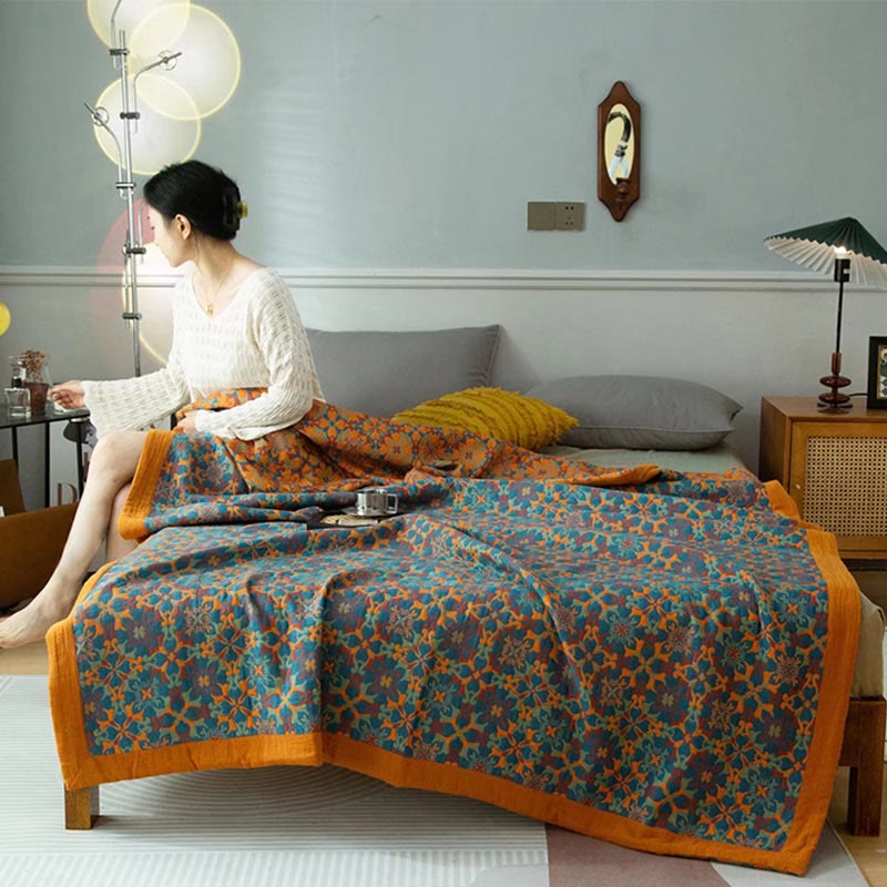 Ethnic | Orange & Blue Patroon Zeslaags Katoenen Quilt