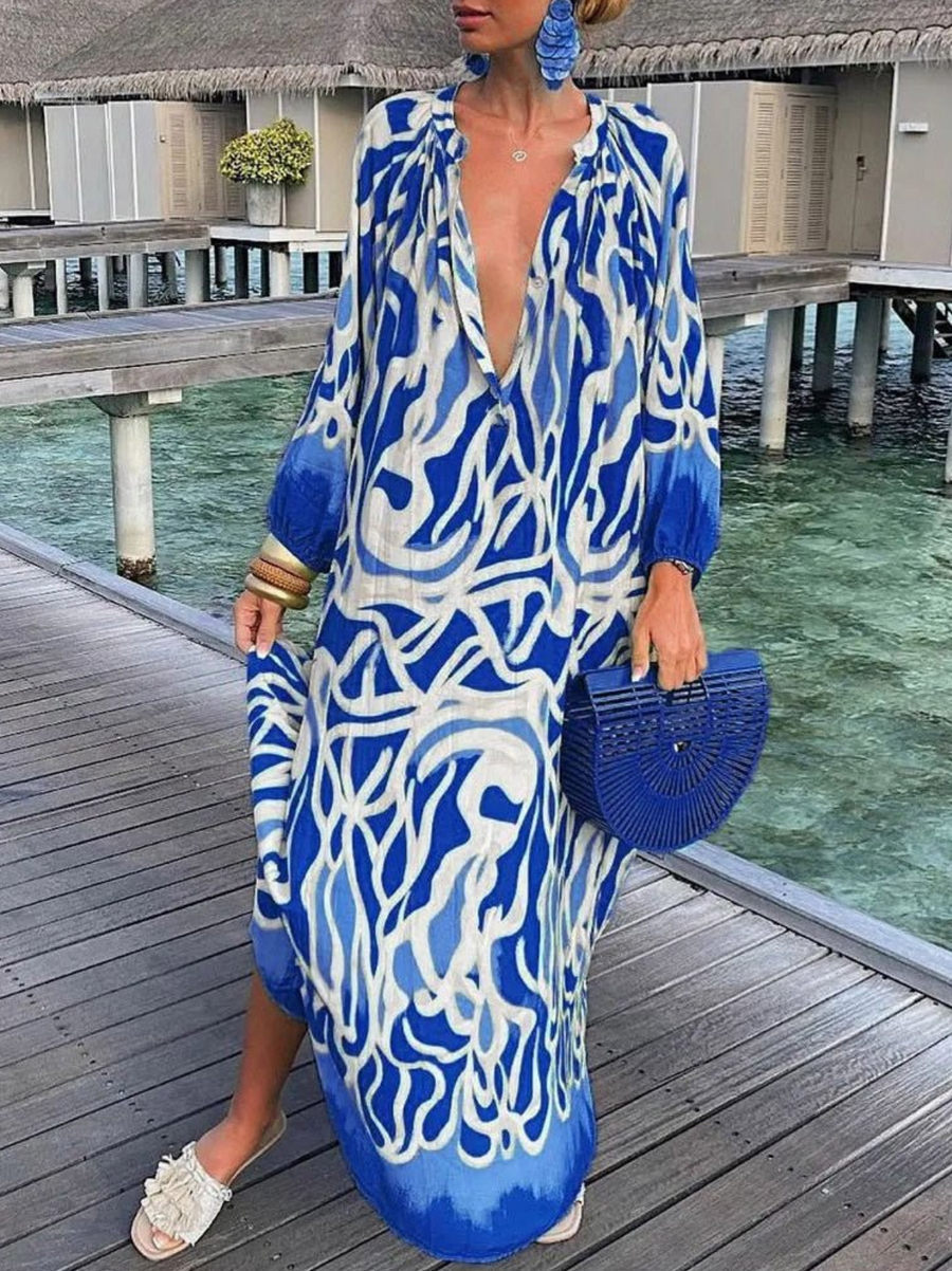 Elegante Lange Maxi Jurk met Lange Mouwen en Diepe V-Hals - Beanitz