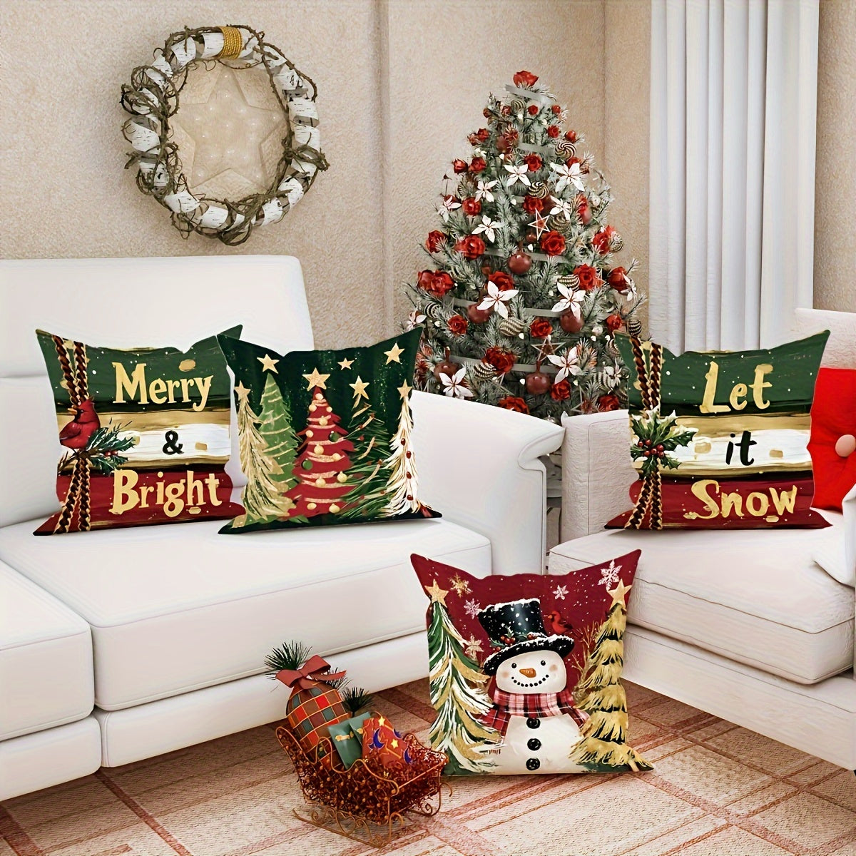 4-Delige Set Kerstkussenhoezen | Feestelijke Decoratieve Kussenhoezen voor Bank en Huis - Festich