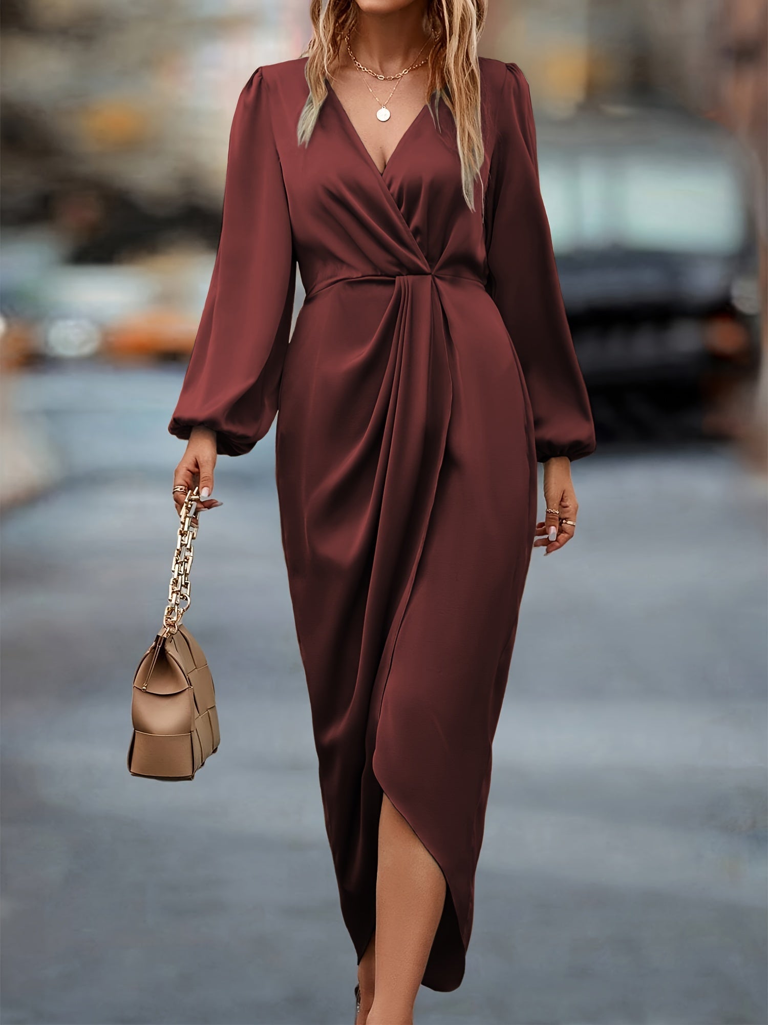 Stijlvolle Katoenen Ruched Jurk met Tailleband voor Dames | Elegante Lange Mouwen Formele Outfit - Winifred