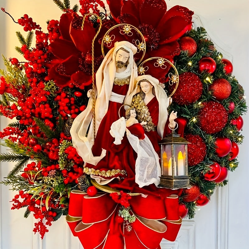 Klassieke Kerstkrans met Kerststal en LED Verlichting voor Voordeur - Divine
