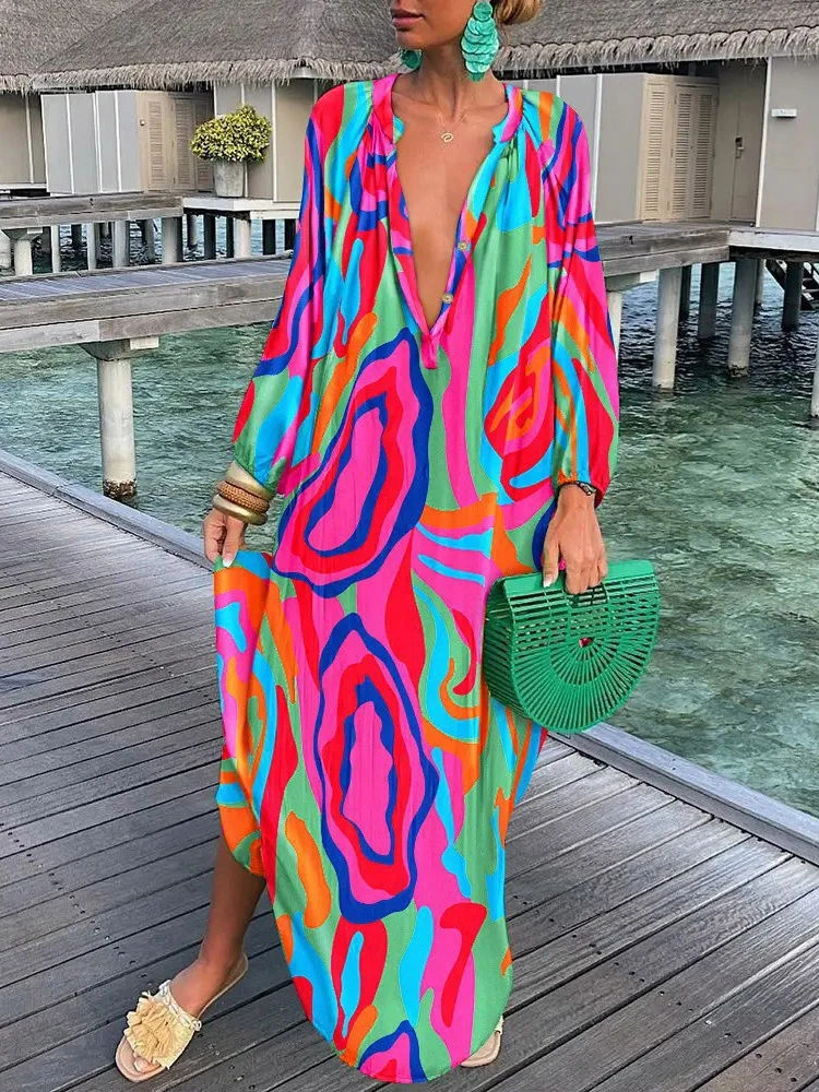 Elegante Lange Maxi Jurk met Lange Mouwen en Diepe V-Hals - Beanitz