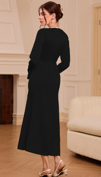 Elegante Dames Zijde Maxi Jurk met Lange Mouwen & Overlappende Zoom | Tijdloze Luxe voor Formele Gelegenheden - Alluca