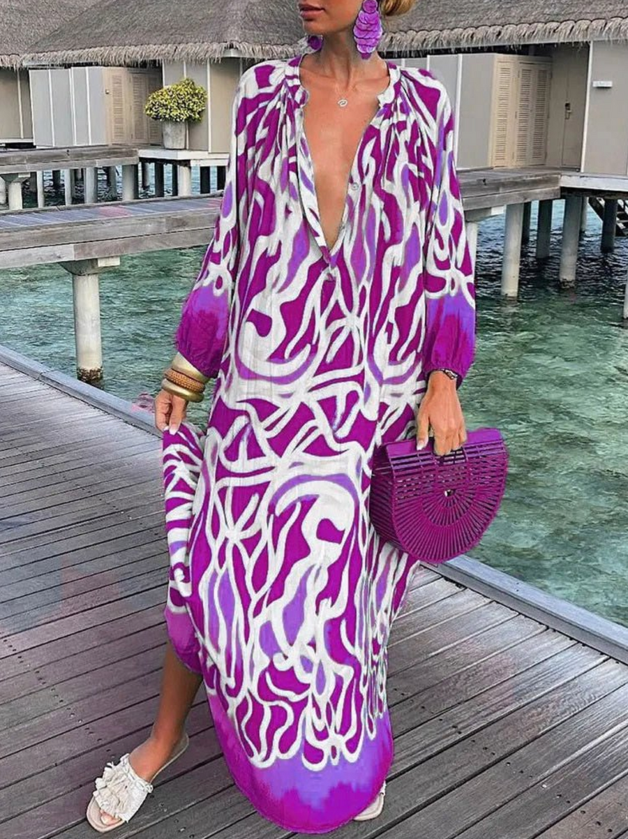Elegante Lange Maxi Jurk met Lange Mouwen en Diepe V-Hals - Beanitz